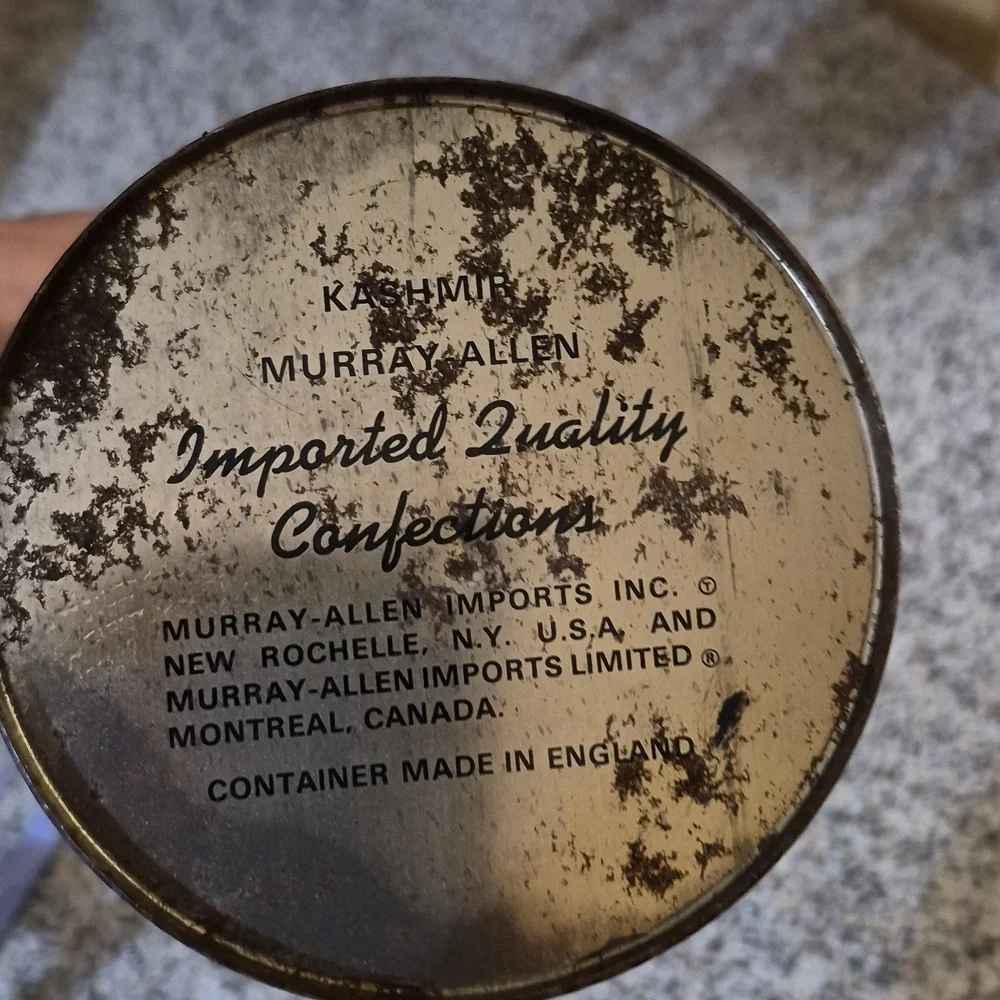 Vintage Murray-Allen Confections Kashmir Metal Tin w/ Lid & Handle Blue & Gold